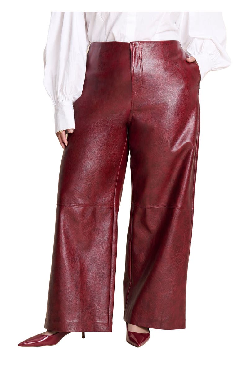 ELOQUII Textured Faux Leather Wide Leg Pant, Main, color, Pomegranate