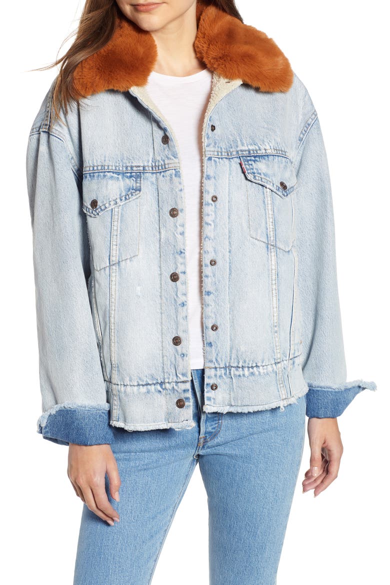 Levi's® Oversize Faux Shearling Lined Denim Trucker Jacket with Removable Faux Fur Collar, Main, color, KILLING ME SOFTLY