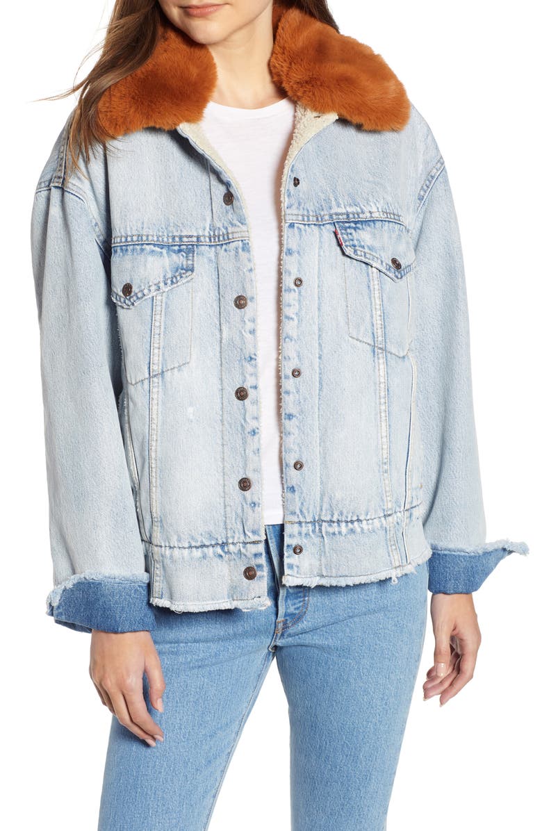 Levi's<sup>®</sup> Oversize Faux Shearling Lined Denim Trucker Jacket with Removable Faux Fur Collar, Main, color, 