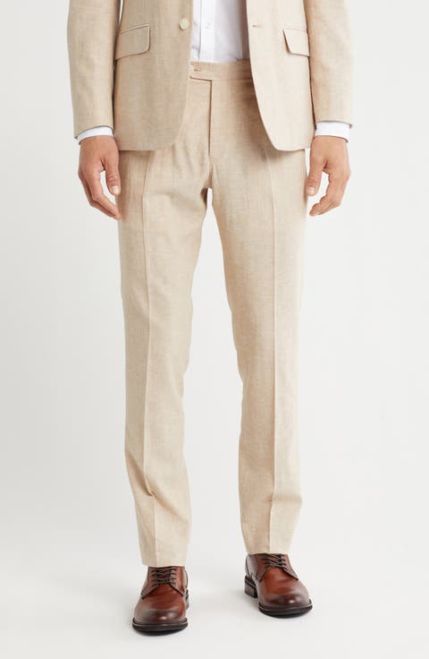 Solid Linen Blend Flat Front Suit Pants
