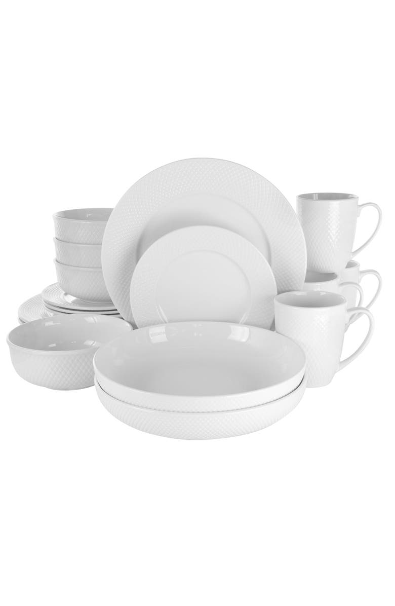 Elama Maisy 18 Piece Round Porcelain Dinnerware Set, Main, color, White