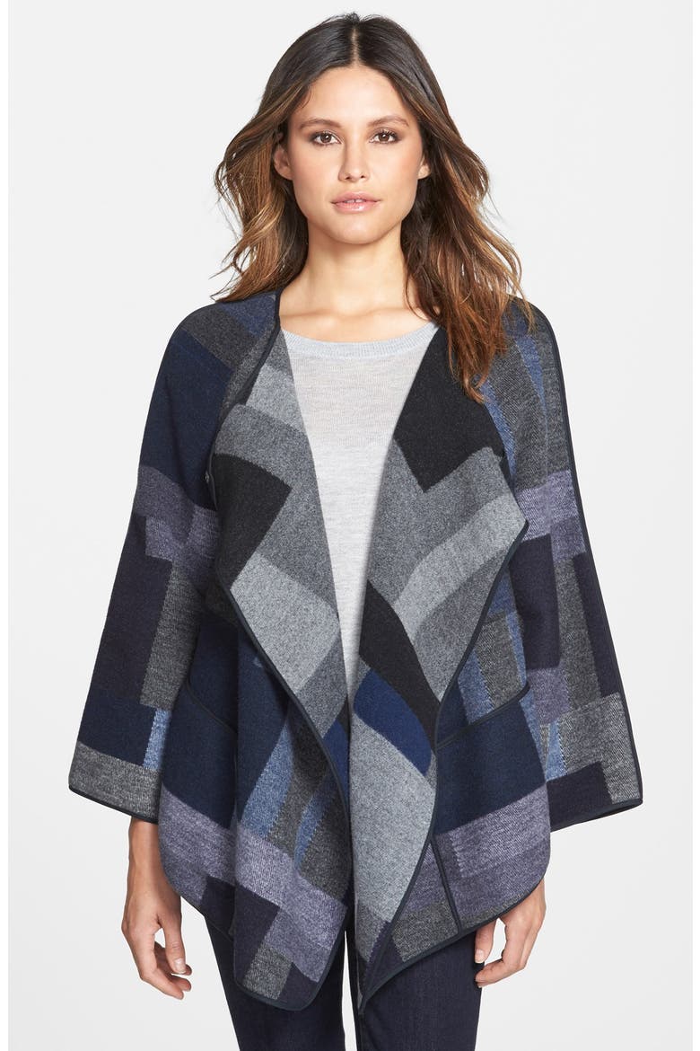 Patchwork Print Wool Blend Bell Sleeve Cape, Main, color, BLUE/ GREY