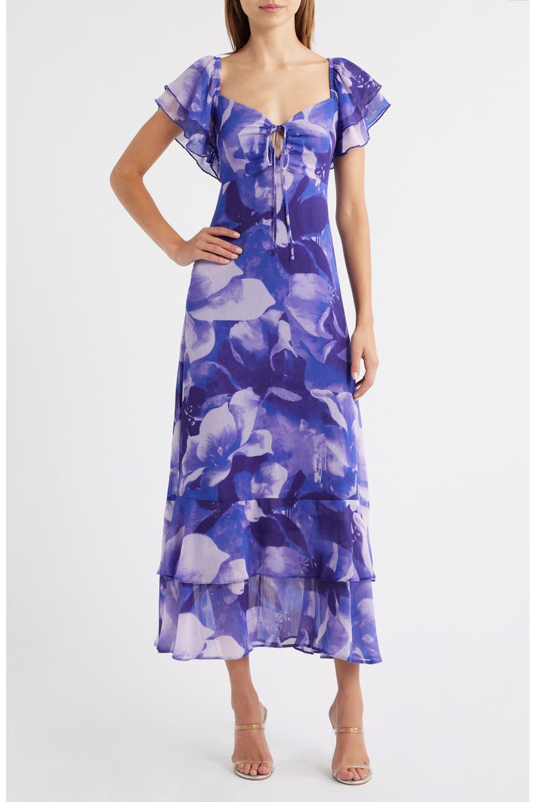 Floral Flutter Sleeve Maxi Sundress, Main, color, PURPLE