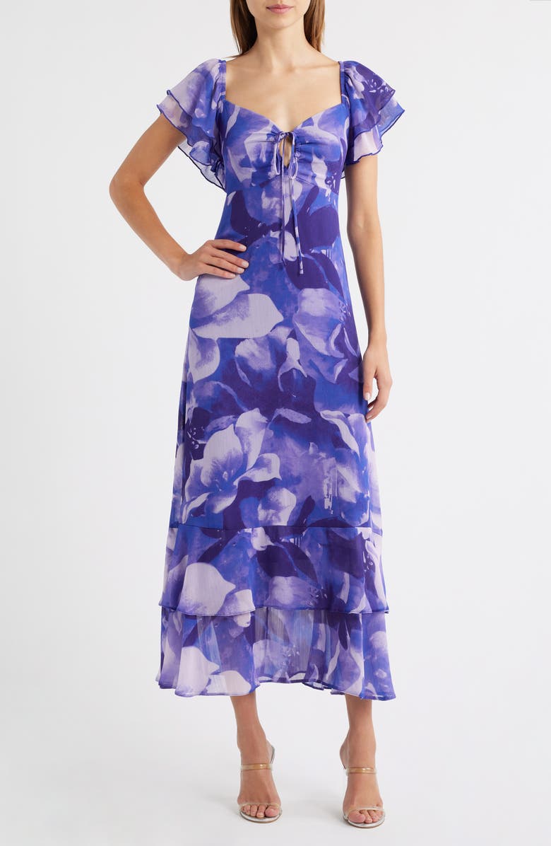 Friends Like These Floral Flutter Sleeve Maxi Sundress, Main, color, Purple