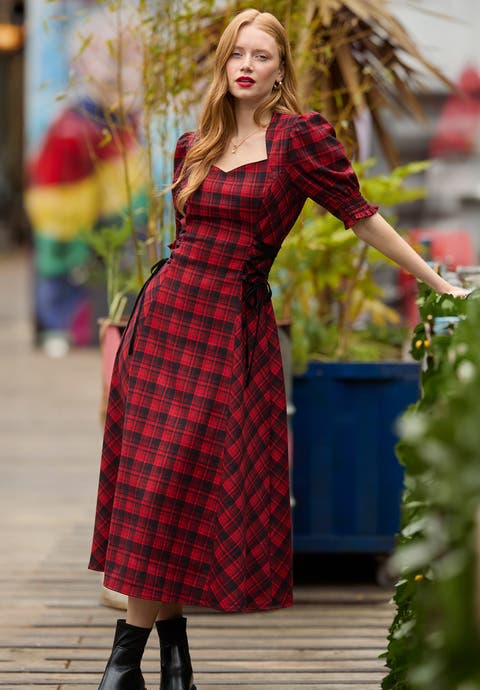 Tartan Plaid Lace Up Midi Dress