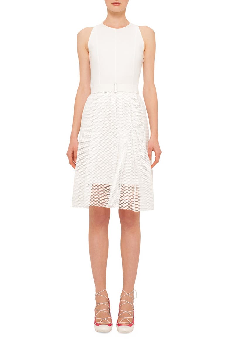 Mesh Overlay Keyhole Back Sheath Dress, Alternate, color, CREME