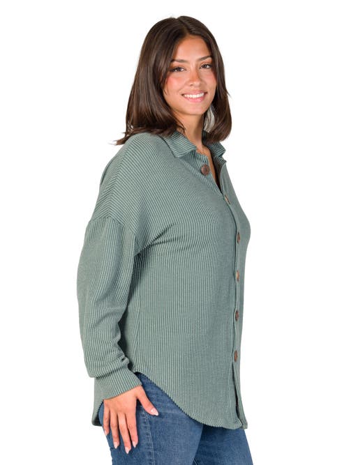 24seven Comfort Apparel Ribbed Button Up Long Sleeve Collared Shirt Jacket In Green