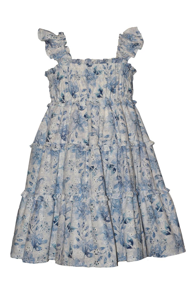 Kids' Flutter Sleeve Eyelet Tiered Dress, Main, color, BLUE WHITE