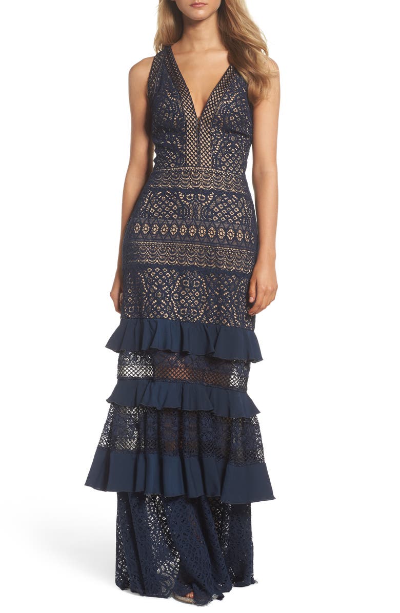 Tadashi Shoji V-Neck Tiered Gown, Main, color, 