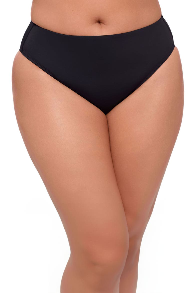 Smoothing and Sculpting Mid-Rise Swimsuit Bikini Bottoms, Main, color, Onyx Black