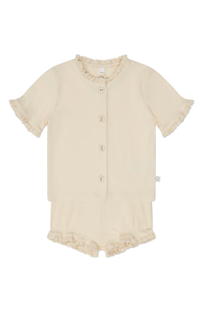 MORI Ruffle Short Sleeve Rib Cardigan & Shorts Set, Main, color,