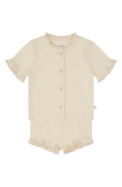 Mori Ruffle Short Sleeve Rib Cardigan & Shorts Set In Cream Frill