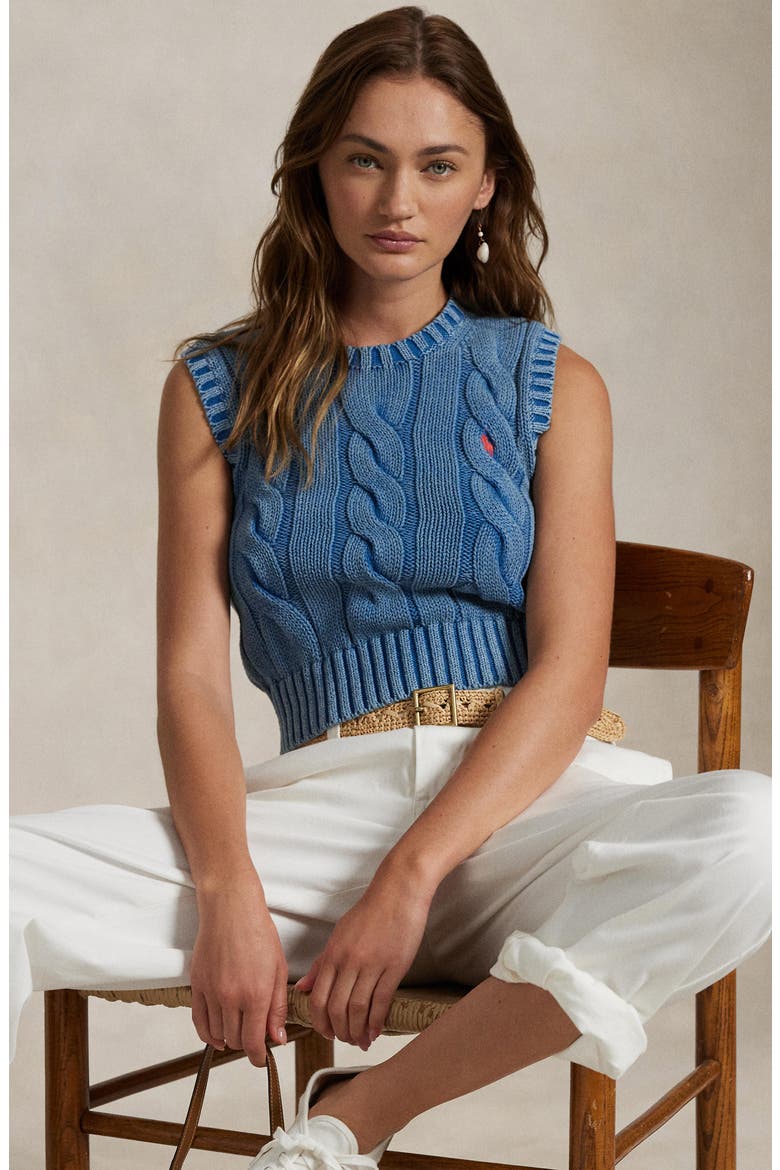 Cable Knit Crop Cotton Sweater Vest, Alternate, color, MIDNIGHT ROYAL