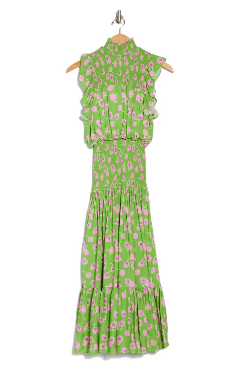 AREA STARS Smocked Flutter Sleeve Midi Dress, Alternate, color, Pink Green Floral Print