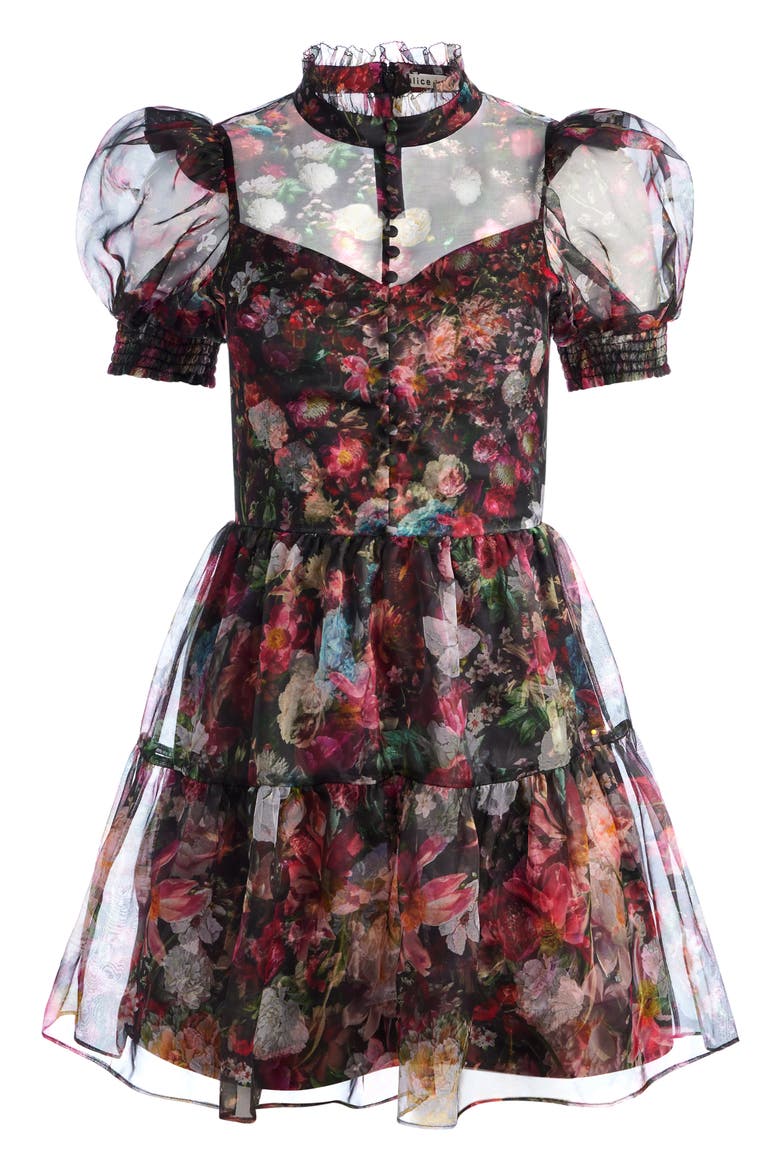 Vernita Floral Print Puff Sleeve Silk Minidress, Alternate, color, AFTER MIDNIGHT