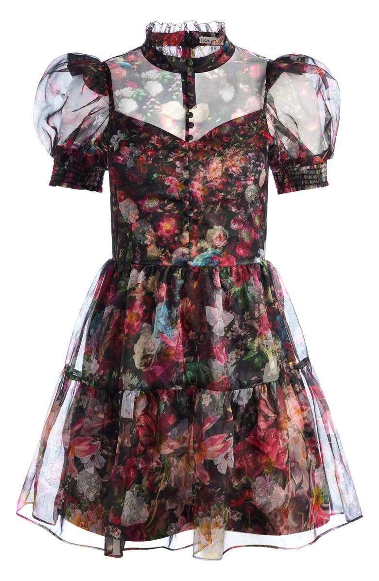 Alice + Olivia Vernita Floral Print Puff Sleeve Silk Minidress, Alternate, color, 