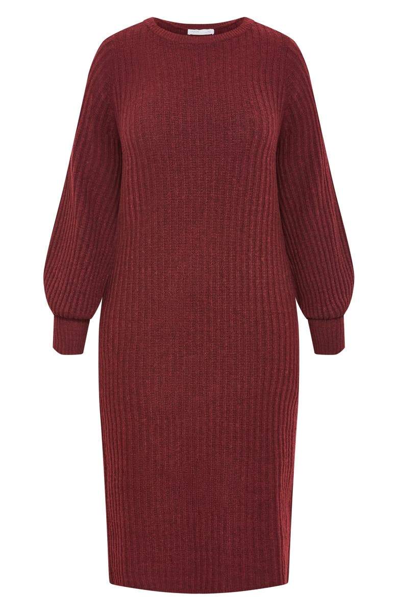 City Chic Sarah Long Sleeve Rib Sweater Midi Dress, Alternate, color, Bordeaux