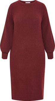 City Chic Sarah Long Sleeve Rib Sweater Midi Dress