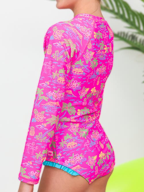 Shop Rufflebutts Girls Upf50+ Sun Protection Long Sleeve Rash Guard One Piece In Neon Island Time