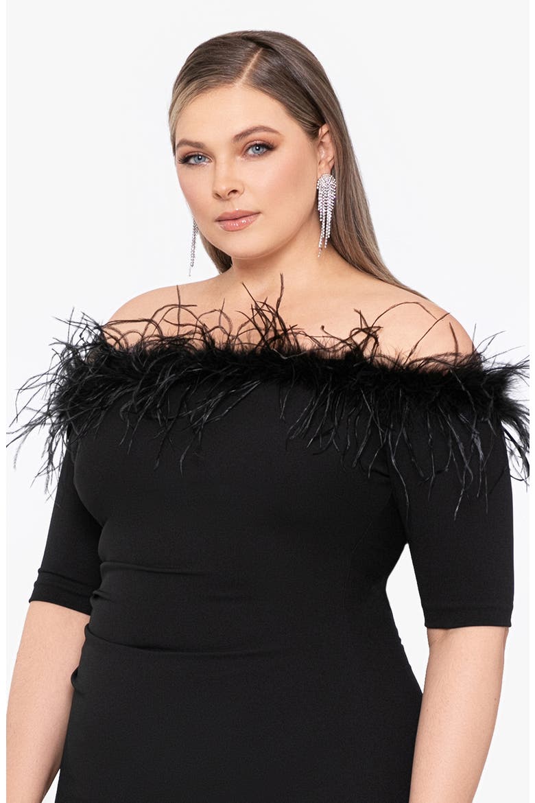 Feather Trim Off the Shoulder Cocktail Dress, Alternate, color, BLACK