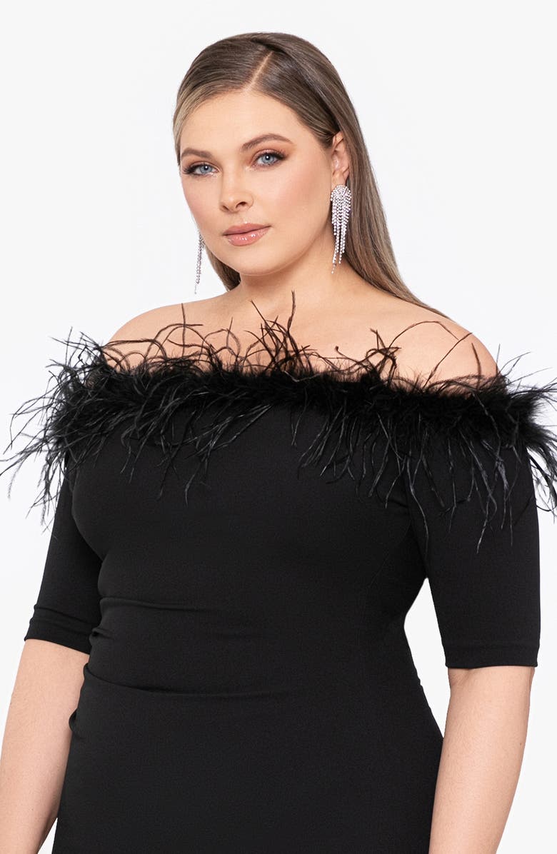 Xscape Evenings Feather Trim Off the Shoulder Cocktail Dress, Alternate, color,