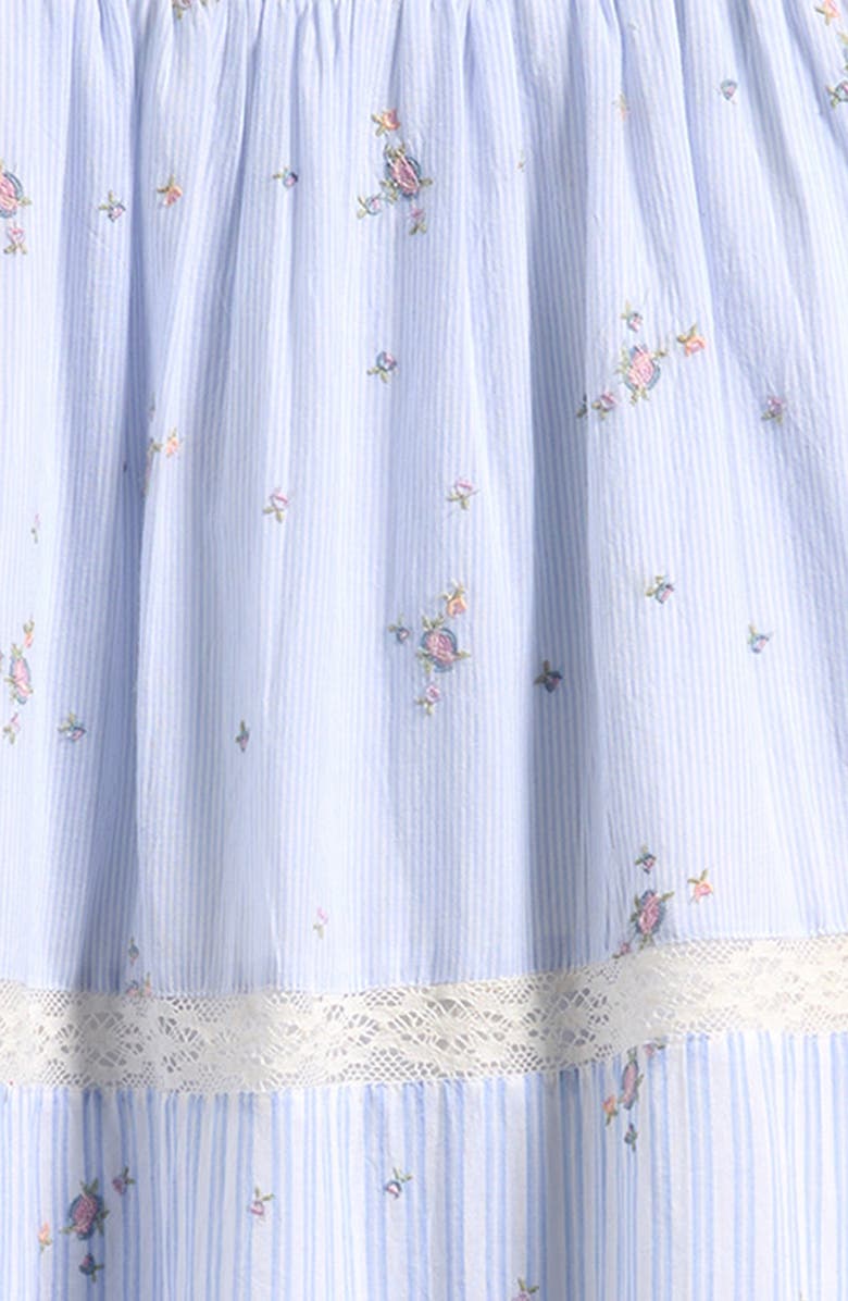 LoveShackFancy Kids' Rhiannon Floral Lace Trim Tiered Midi Dress, Alternate, color, Sky Mist