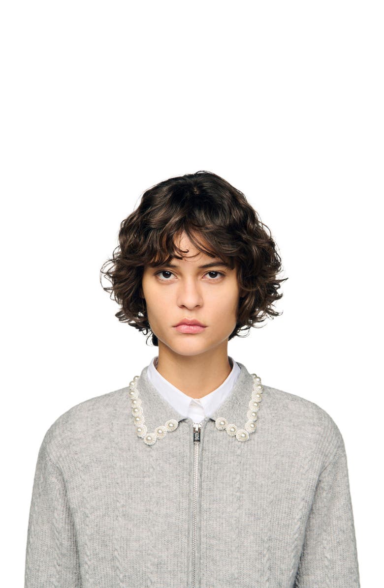 SANDRO Cardigan with beaded collar, Alternate, color, Grey