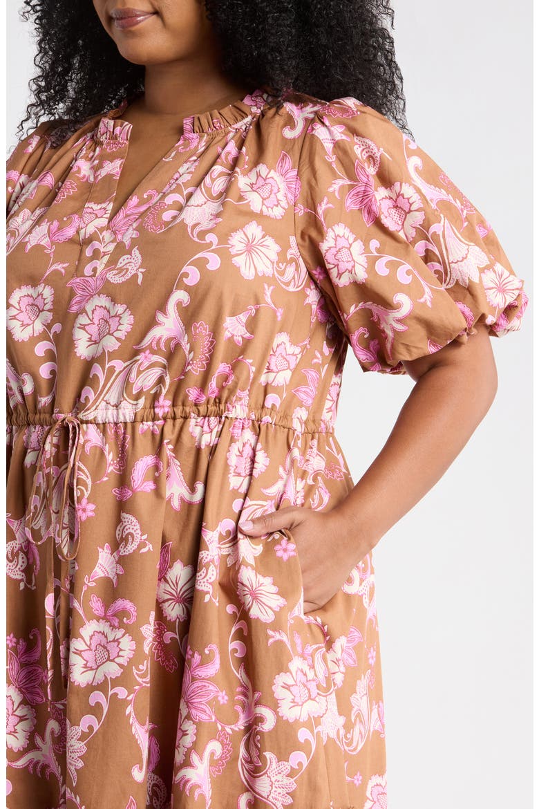Ginny Bubble Sleeve Midi Dress, Alternate, color, BROWN-MULTI