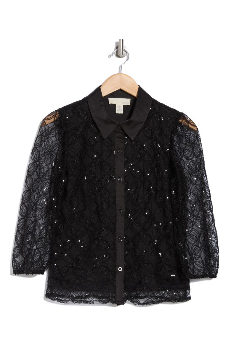 Ashley Sequin Button-Up Shirt, Alternate, color, BLACK