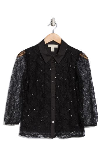 By Design Ashley Sequin Button-up Shirt In Black