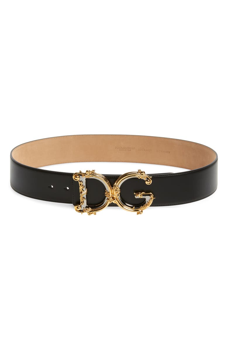 Dolce&Gabbana DG Baroque Buckle Calfskin Leather Belt, Main, color, Nero