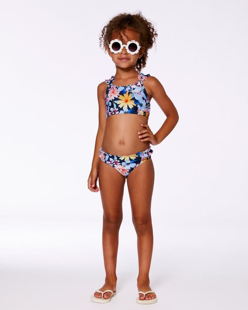 Deux Par Deux Little Girl's Printed Two-piece Swimsuit Navy And Yellow And Pink Flowers In Navy Yellow And Pink Flowers