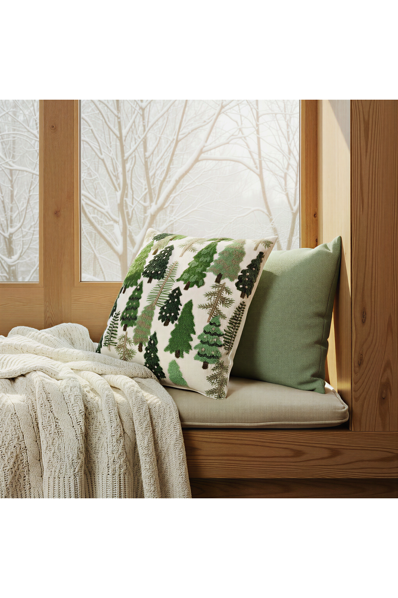 Square Cotton Slub Embroidered Pillow with Trees and French Knots, Alternate, color, Multi