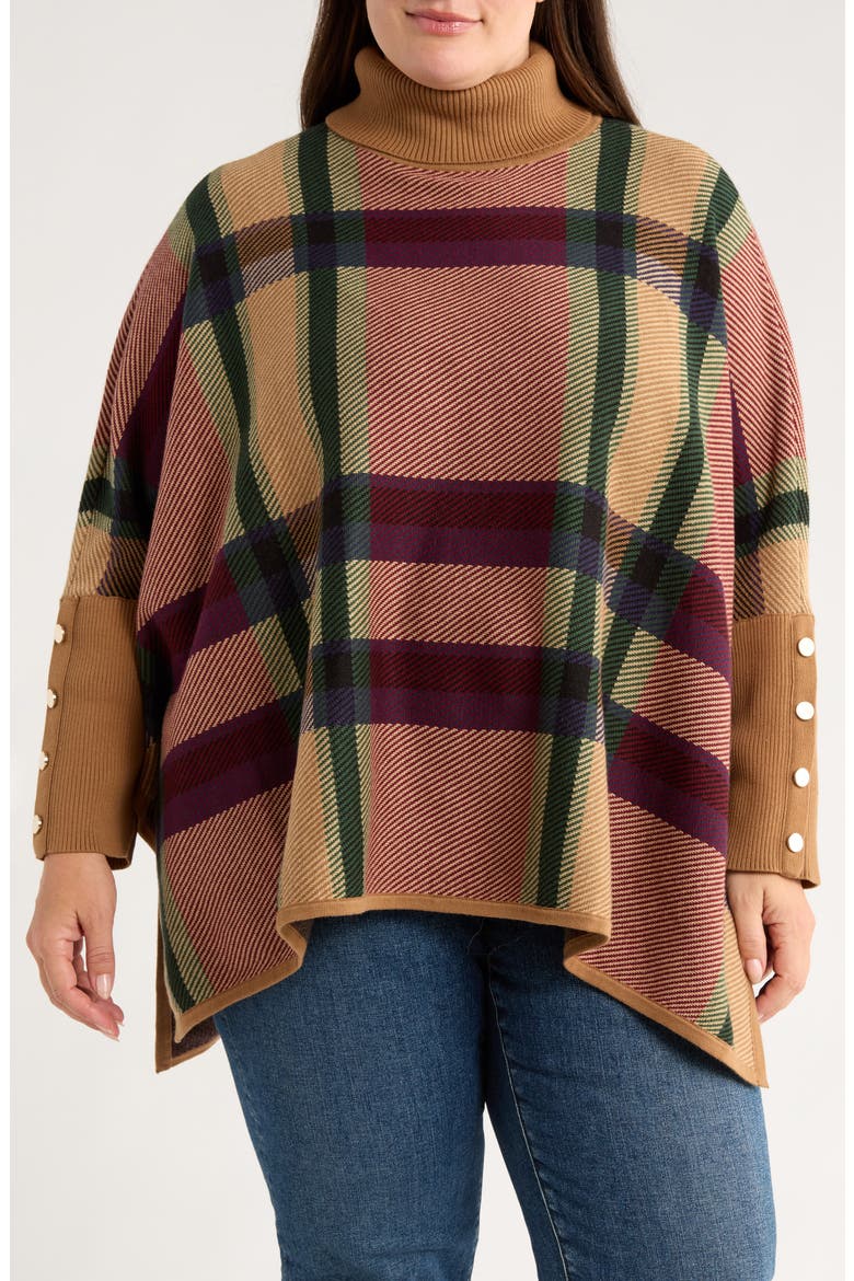 Plaid Jacquard Turtleneck Poncho, Main, color, CARAMEL MULTI