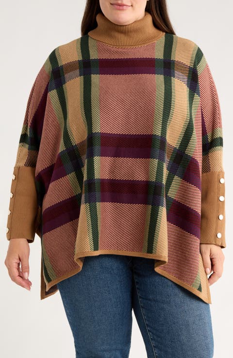 Plaid Jacquard Turtleneck Poncho (Plus)