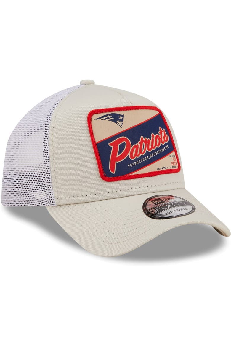 Men's New Era Khaki/White New England Patriots Happy Camper A-Frame Trucker 9FORTY Snapback Hat, Alternate, color, Khaki