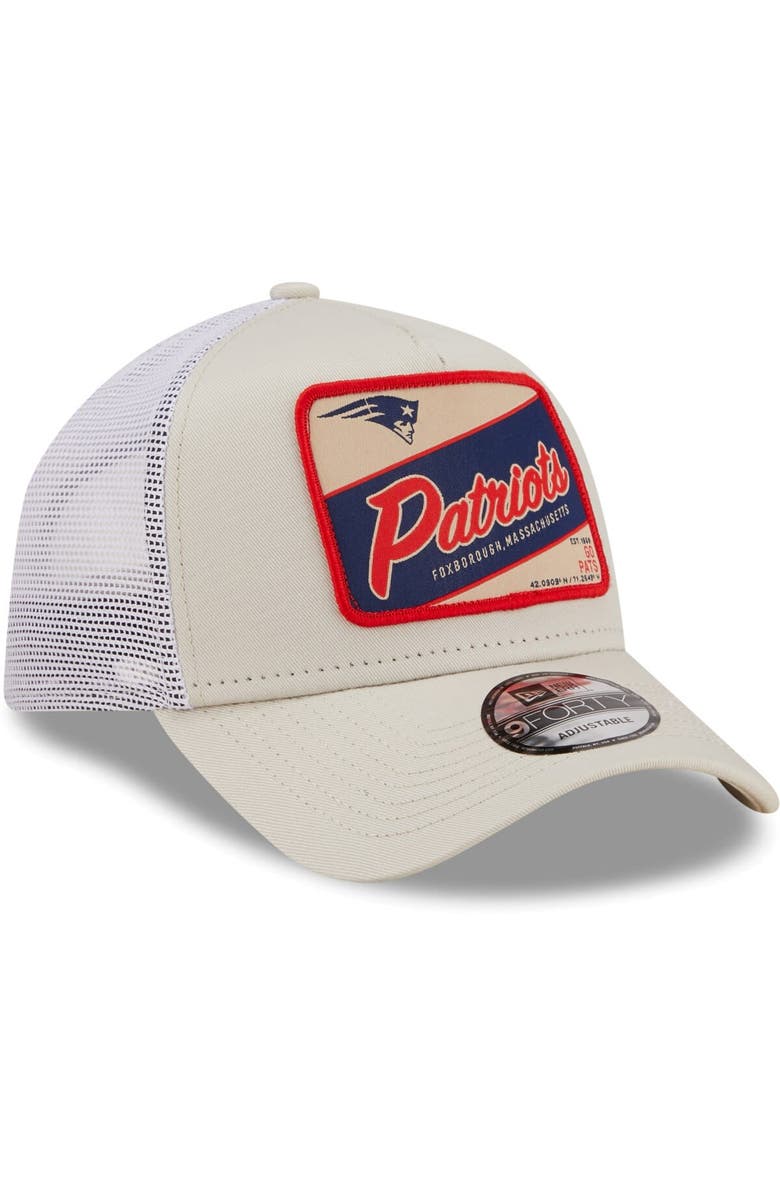New Era Men's New Era Khaki/White New England Patriots Happy Camper A-Frame Trucker 9FORTY Snapback Hat, Alternate, color, 