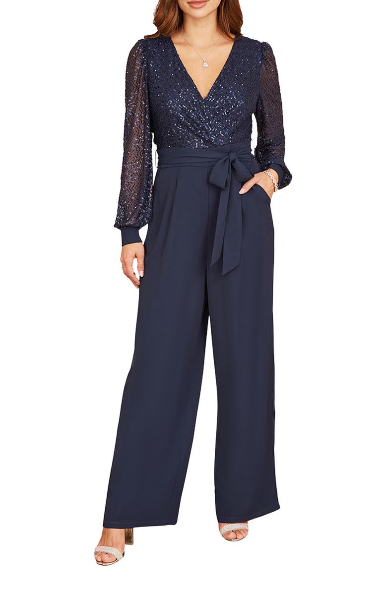 Yumi Long Sleeved Sequin Jumpsuit, Alternate, color, Navy