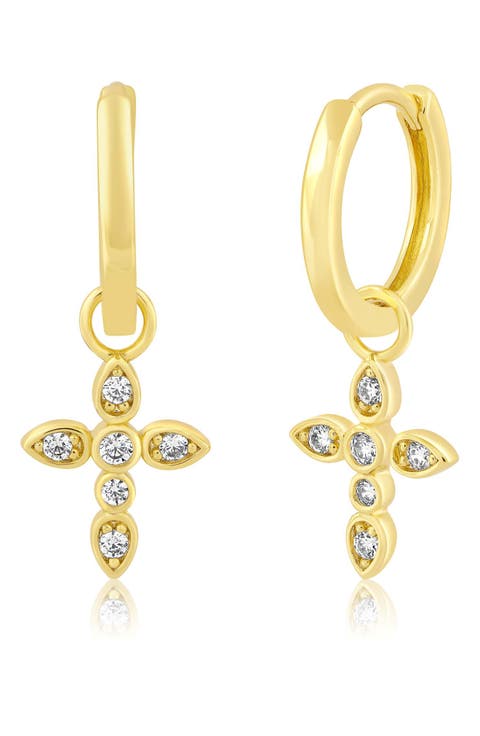 Cubic Zirconia Cross Charm Huggie Hoop Earrings