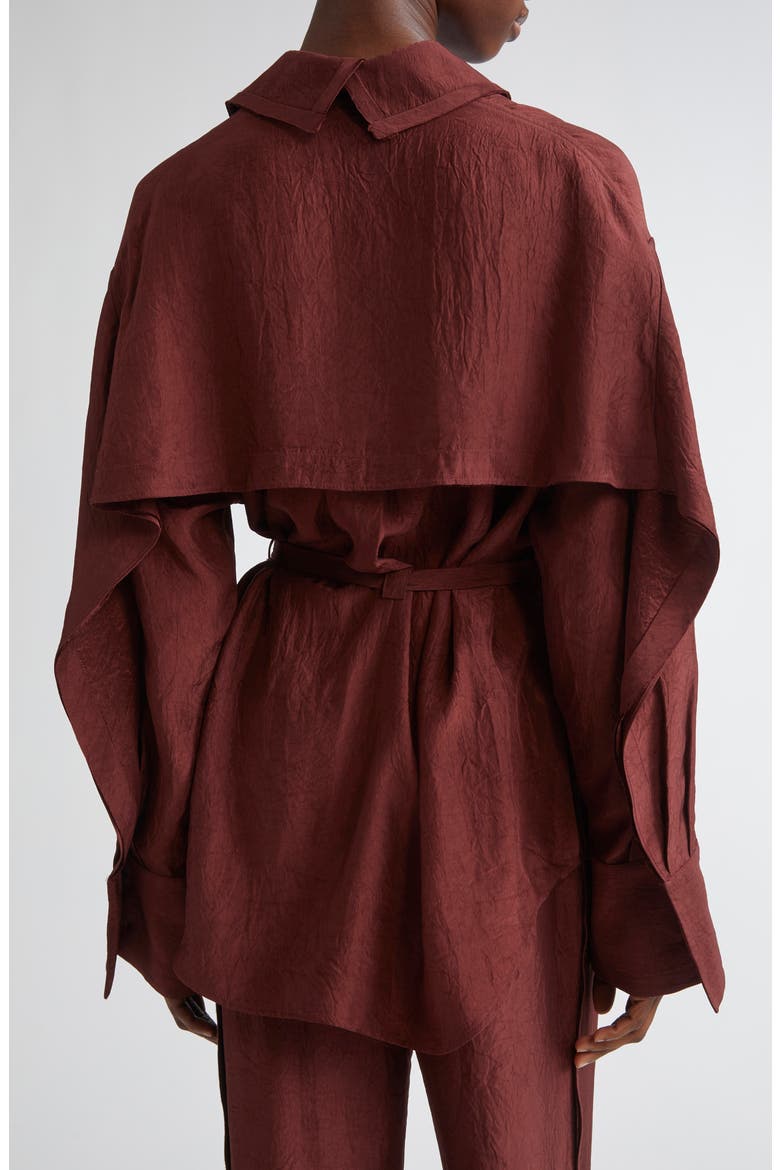 Oversize Belted Crinkled Satin Button-Up Top, Alternate, color, MEDJOOL