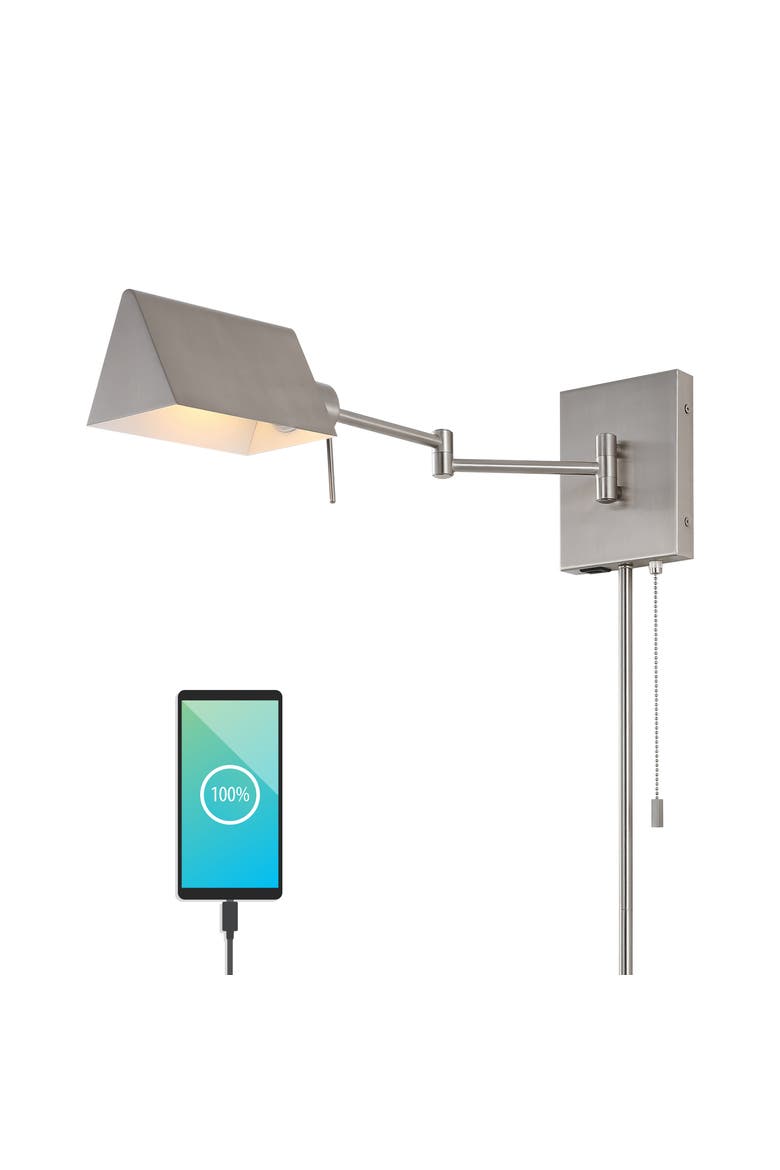 Arlo 1-Light Farmhouse Industrial Single Swing Arm Plug-In or Hardwired Iron LED Wall Sconce with Pull-Chain USB Charging Port, Main, color, Nickel