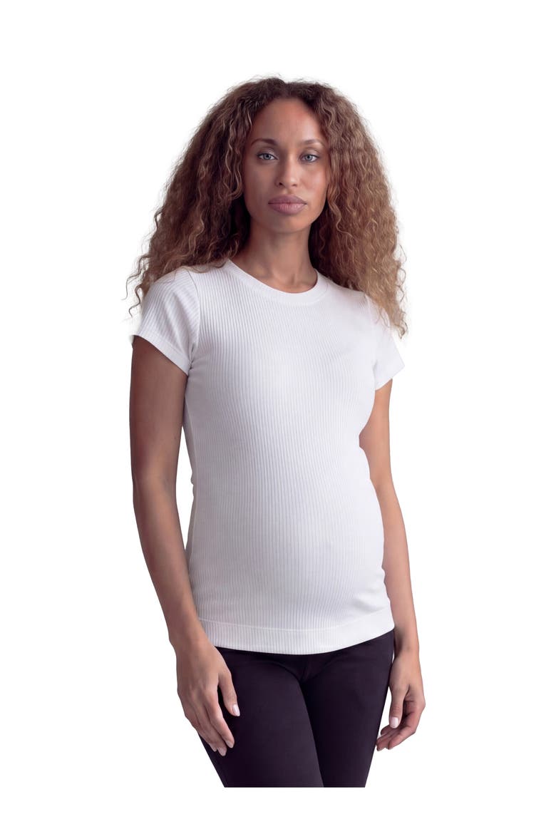 Maternity Basic Ribbed Knit Round Neck Short Sleeve Top, Main, color, White