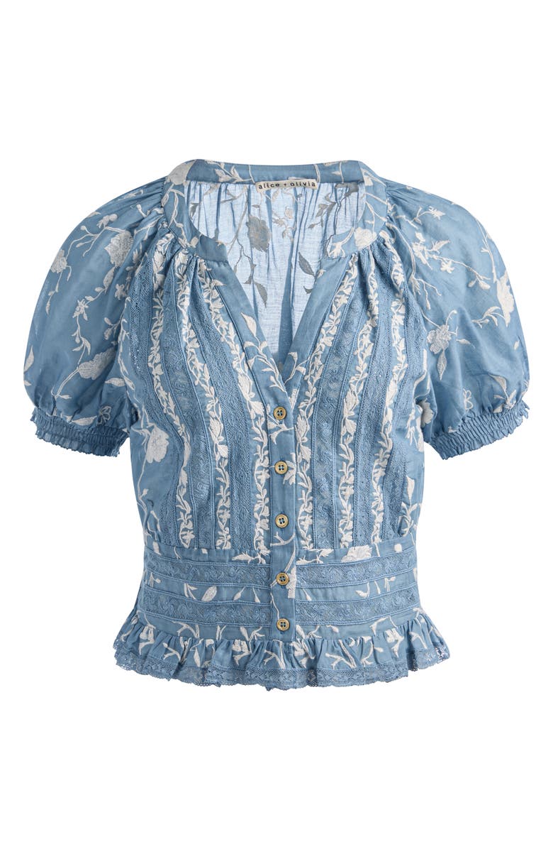 Alice + Olivia Kathryn Lace & Embroidered Crop Top, Alternate, color, Deep Denim Blue/ Off White