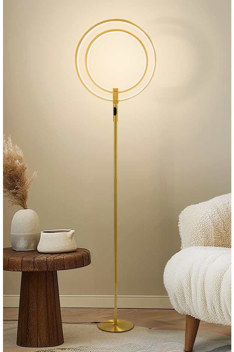 Eclipse 79" LED Industrial Dimmable Floor Lamp with 2 Height Adjustable Orbital Heads, Alternate, color, Antique Brass