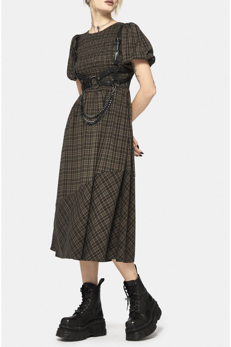 Rhiannon Check Shirred Bodice Midi Dress, Alternate, color, Brown