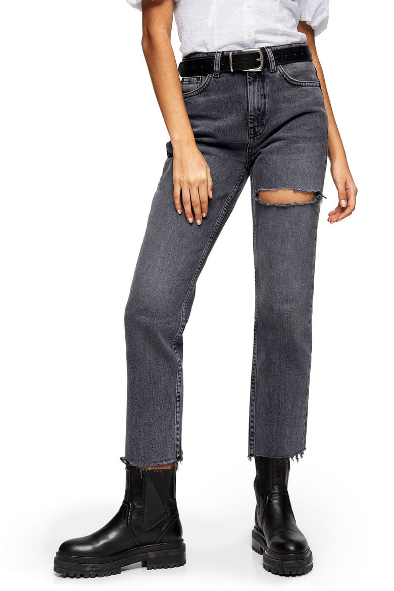NY Thigh Rip Raw Hem Straight Leg Jeans, Main, color, SMOKE GREY