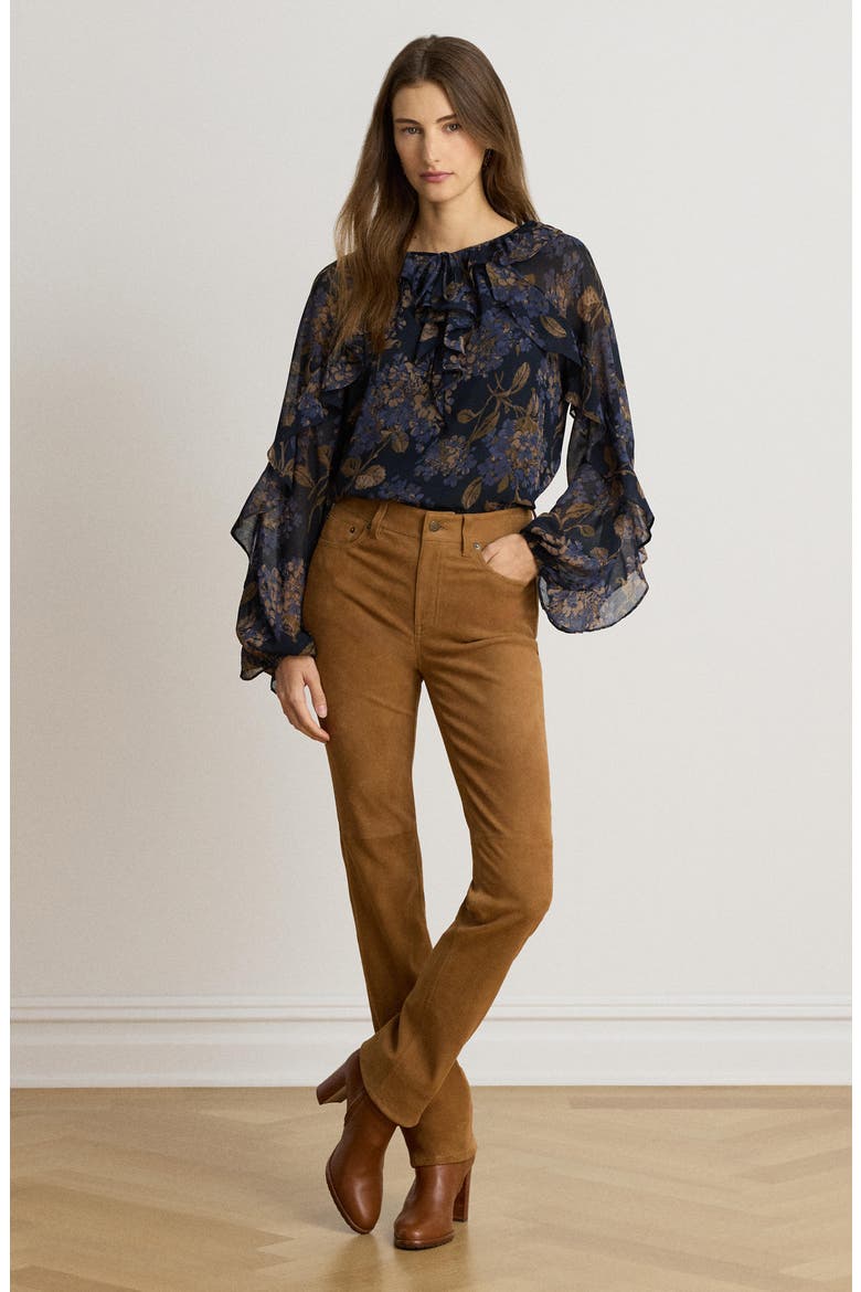 Floral Print Ruffle Trim Blouse, Alternate, color, NAVY BLUE/ MULTI