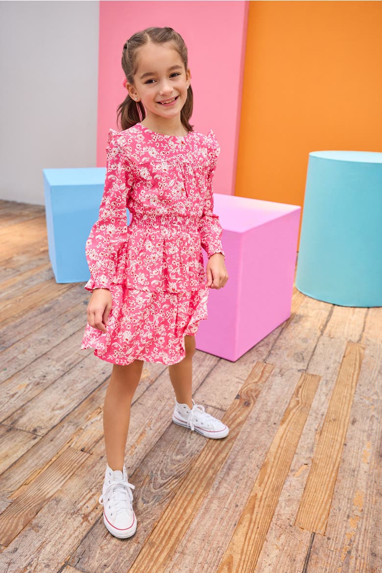 Kids' Floral Ruffle Carleton Dress, Alternate, color, Hot Pink Abstract Floral
