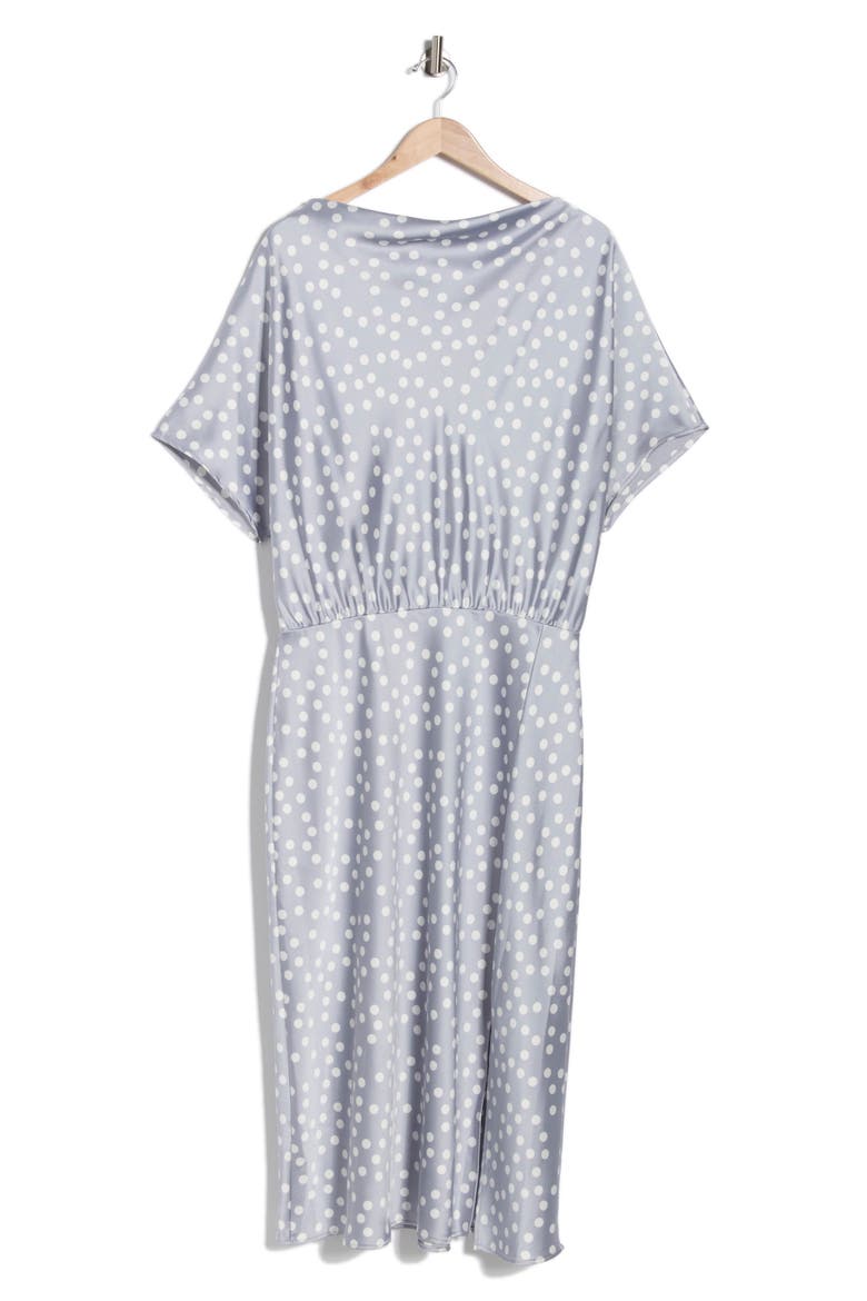 Polka Dot Short Sleeve Satin Midi Dress, Alternate, color, STEEL BLUE