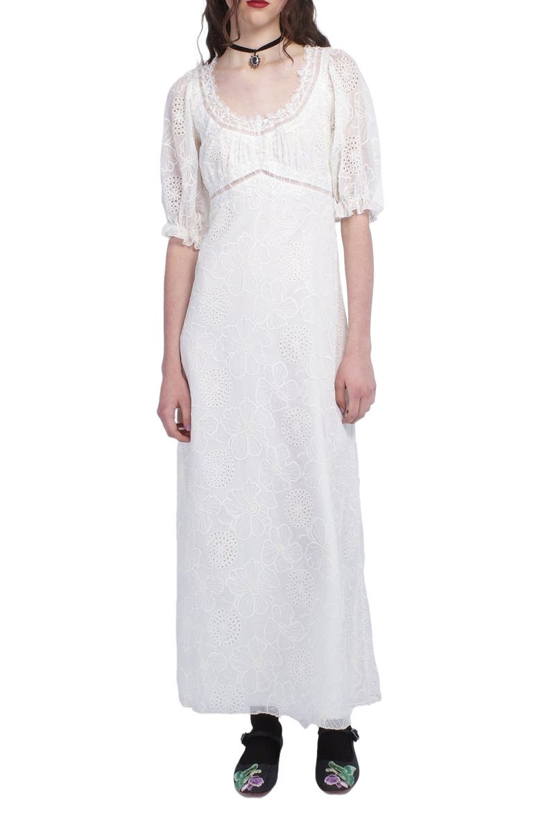 Anna Sui Poppy Embroidered Chiffon Dress, Main, color, Vanilla